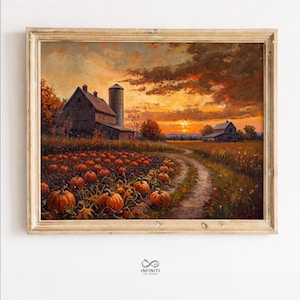 Könnte beinhalten: Ein gerahmtes Landschaftsgemälde, das ein Kürbisfeld bei Sonnenuntergang zeigt. Ein Feldweg schlängelt sich durch das Feld zu einer Scheune mit Silo und einem kleineren Haus. Der Himmel ist voller orangefarbener Wolken. Logo INFINITI ART DESIGN.