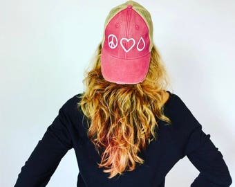 Distressed Trucker Hat:   Peace • Love • Oil  Essential Oils Hats | doTERRA | Young Living | Team | Convention