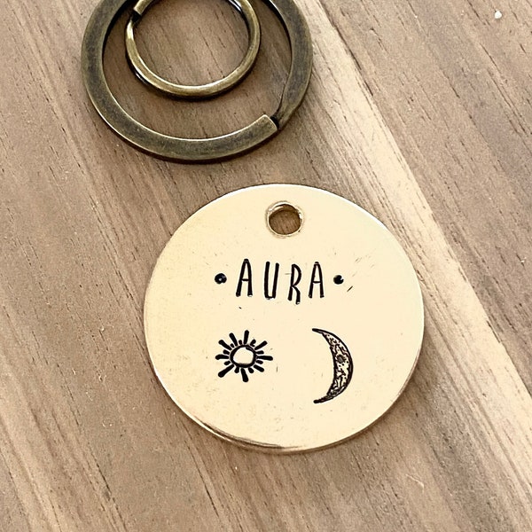 Moon Dog Tag, Moon Cat Tag, Pet ID Tags, Dog ID Tags, Dog Name Tags, Pet Name Tag, Sun Dog Tag, Brass Dog Tag, Small Dog Tag, Engraved Pet