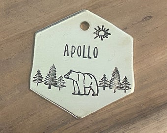 Hexagon Pet Tag, Hexagon Dog Tag, Bear Dog Tag, Forest Pet Tag, Canada Dog ID Tag, Dog ID Tag, Dog Name Tag, Pet Name Tag, Pet ID Tag, Puppy