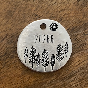 Dog ID Tag, Dog Tags, Sun Dog Tag, Dog Tags for Dogs, Dog Tag with Trees, Pine Trees, Hand Stamped Pet ID Tag, Personalized Dog Tag, Silver