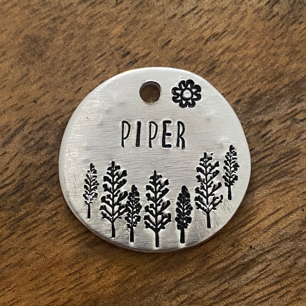 Dog ID Tag, Dog Tags, Sun Dog Tag, Dog Tags for Dogs, Dog Tag with Trees, Pine Trees, Hand Stamped Pet ID Tag, Personalized Dog Tag, Silver