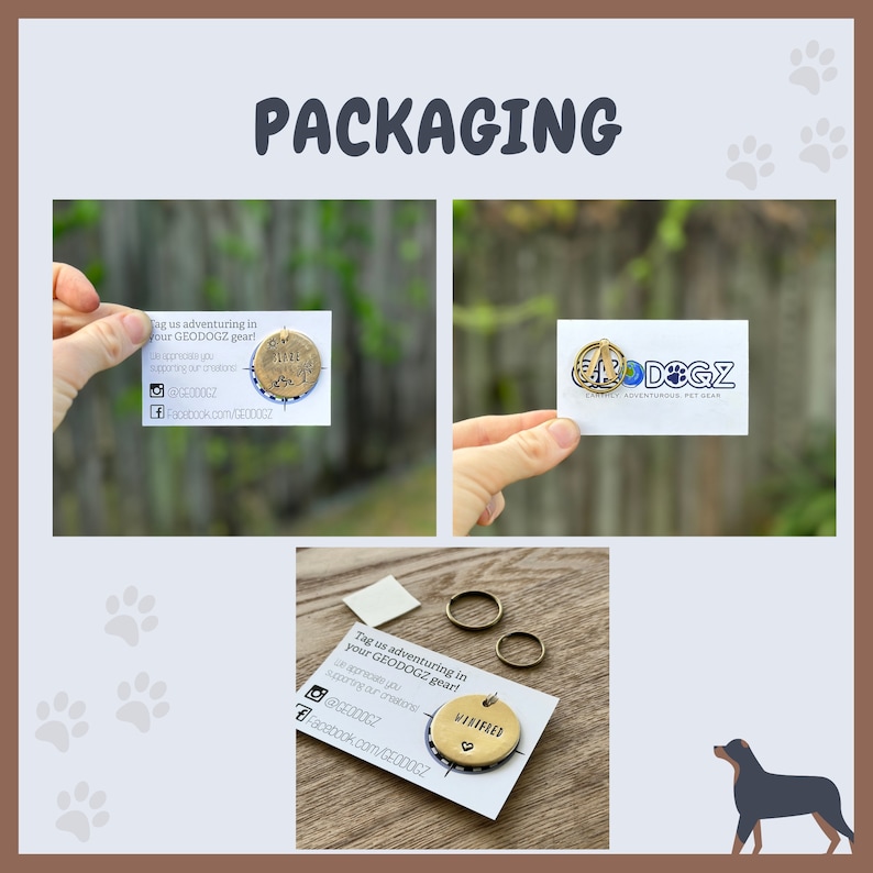 Puede incluir: Primer plano de una placa de identificaci&oacute;n de perro dorada con la palabra "Winifred" grabada en ella. La placa est&aacute; unida a un llavero plateado. La placa est&aacute; sobre una tarjeta blanca con el texto "Tag us adventuring in your GEODOGZ gear!" y los identificadores de redes sociales.