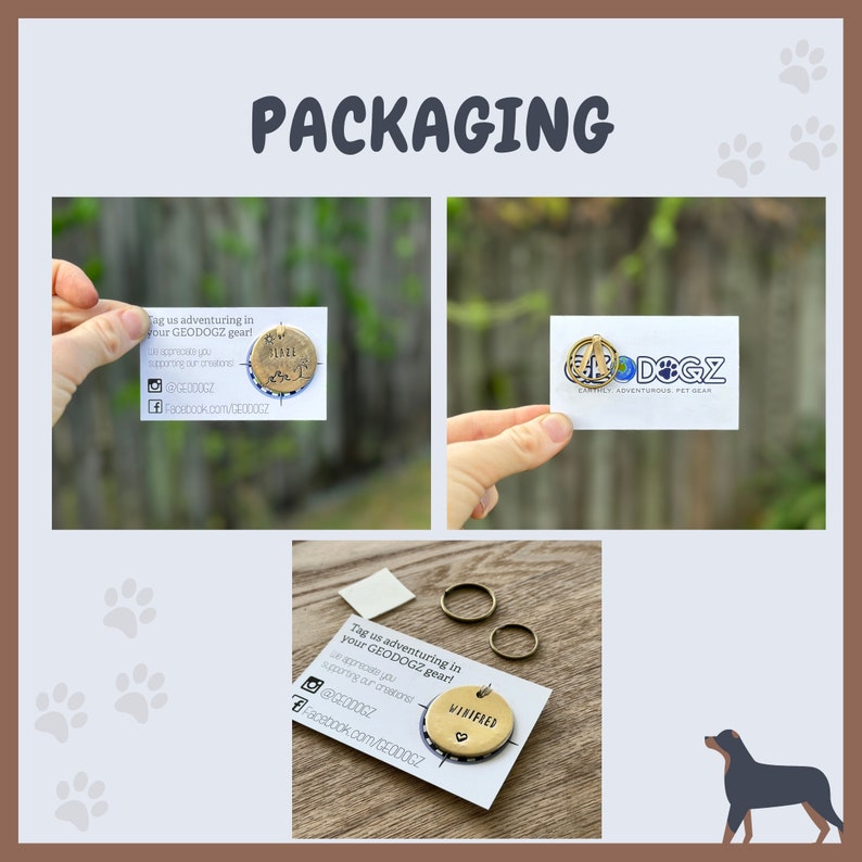 May include: The image showcases pet tags and packaging. The tags are round, with stamped text and a heart symbol. The packaging includes business cards with the brand name and social media handles. The word "PACKAGING" is at the top.