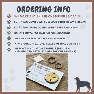Puede incluir: Informaci&oacute;n de pedido para etiquetas de perro personalizadas. La imagen muestra una etiqueta de perro dorada con el nombre "Winifred" grabado en ella, junto con dos anillos partidos, una almohadilla pulidora y un dise&ntilde;o de huella de pata. El texto en la imagen dice "WE MAKE AND SHIP IN ONE BUSINESS DAY!!! EVERY TAG COMES WITH 2 X SPLIT RINGS (15MM & 25MM) EVERY TAG ORDER COMES WITH A FREE POLISH PAD SEE OUR INSTA FOR CARE VIDEOS @GEODOGZ WE CAN CUSTOMISE TEXT AND NUMBERS ANY SPECIAL REQUESTS, PLEASE MESSAGE US PRIOR WE DON'T DO CUSTOM GRAPHICS (WE USE A HAMMER AND METAL STAMPS FOR OUR DESIGNS)"