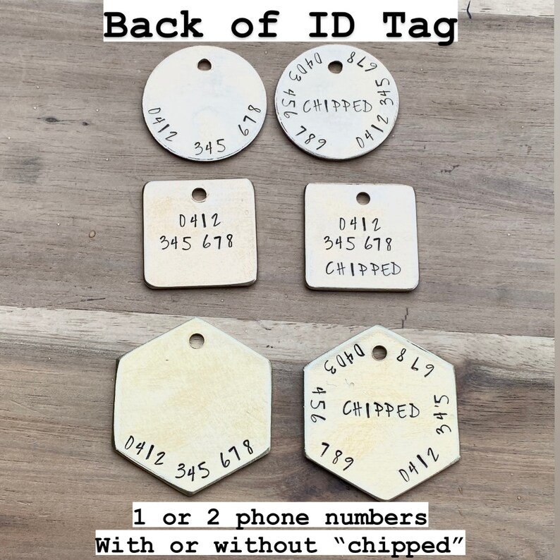 May include: A collection of metal pet ID tags in various shapes: round, square, and a hexagon. Each tag has a hole for attachment and features handwritten numbers, some with the word "CHIPPED". The text "Back of ID Tag" is at the top.