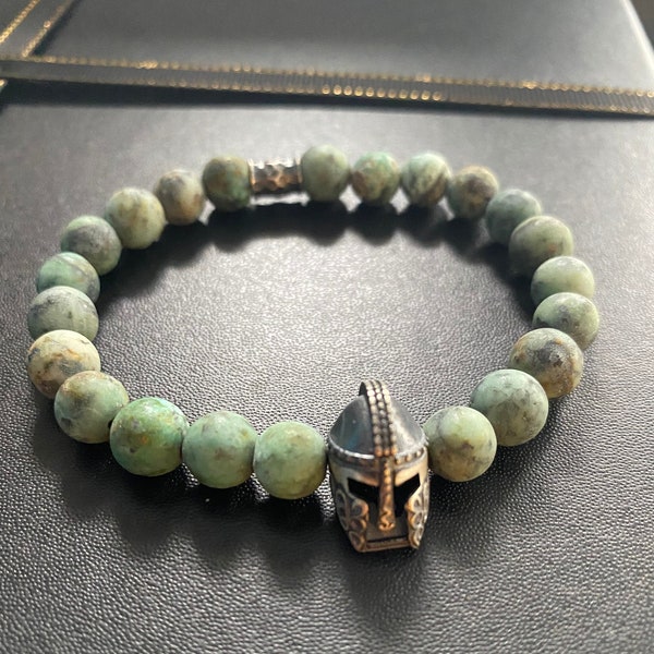 Bracelet casque spartiate pour homme, bracelet en perles de 8 mm, bleu africain, turquoise mate