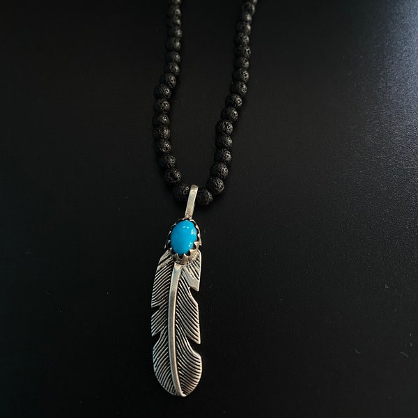 Collier amérindien en argent plume turquoise, collier plume turquoise bleu 925 Collier Takahashi Goro amérindien