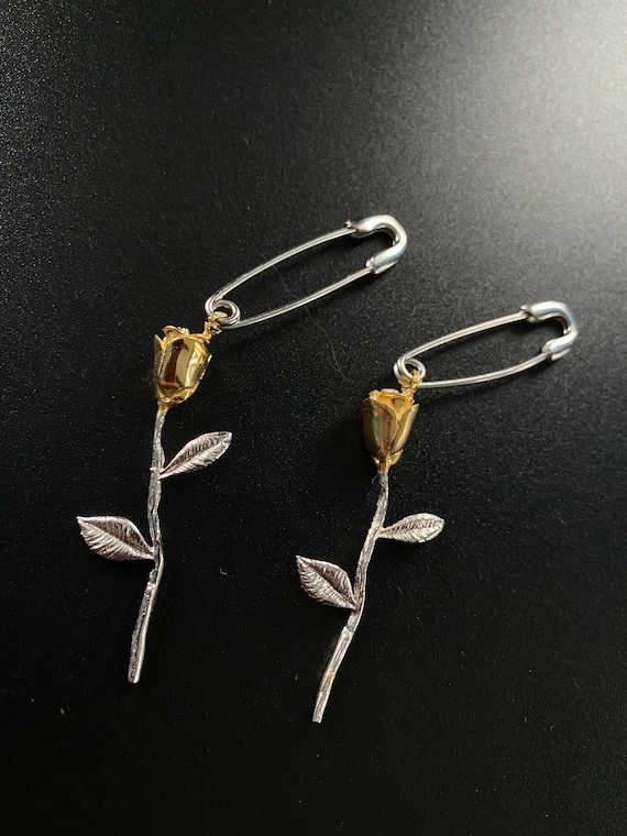 Safety Pin Earrings and Two Color Silver Rose Earrings Etsy