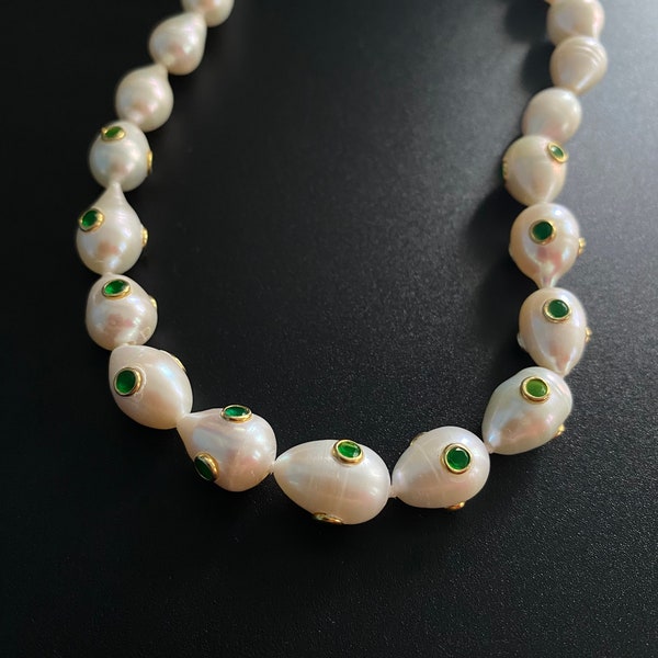 Emerald Czt Stone Baroque Pearl Design Silver Necklace Beach pearl necklace