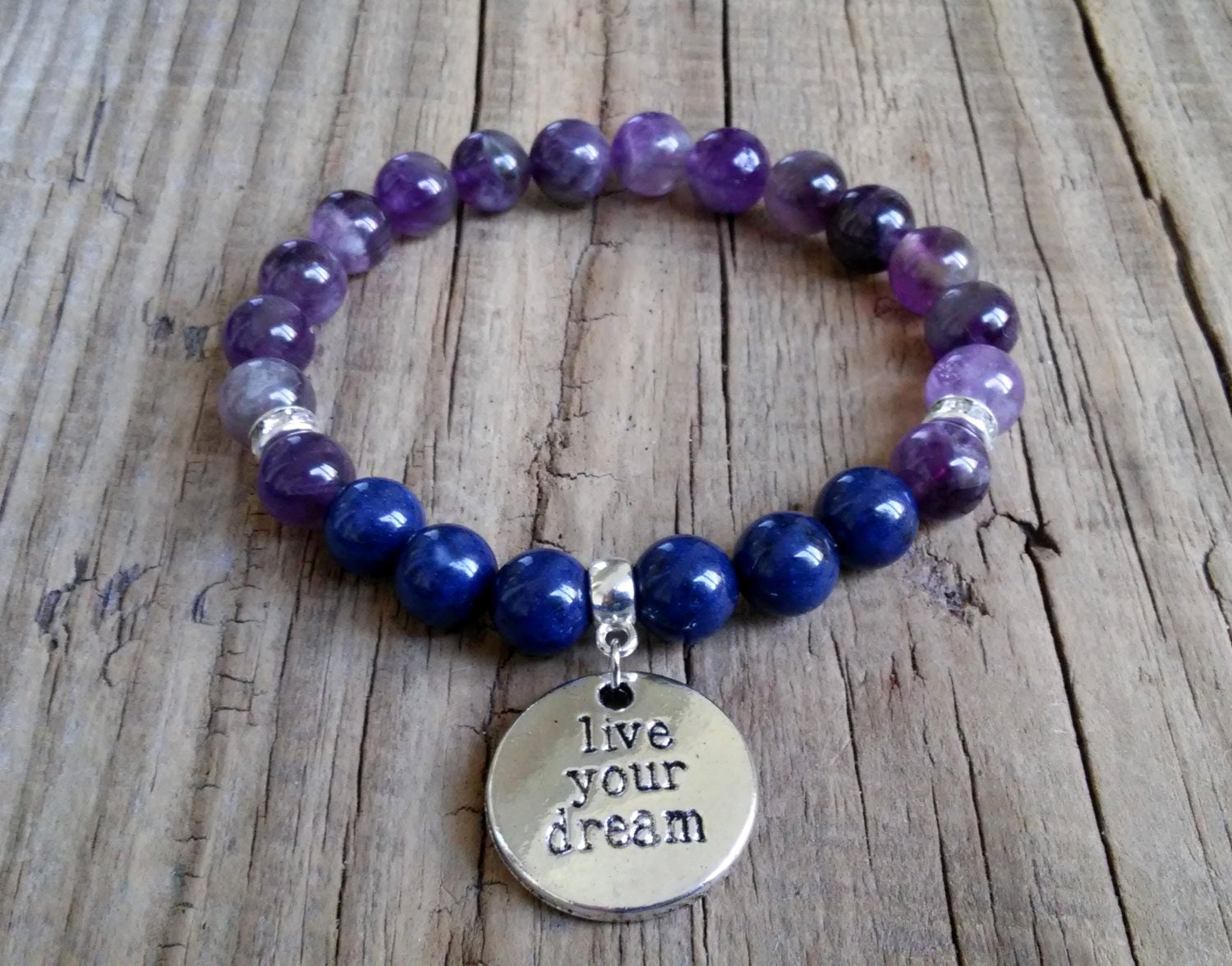 Purple amethyst blue lapis lazuli gemstone bracelet lapis | Etsy