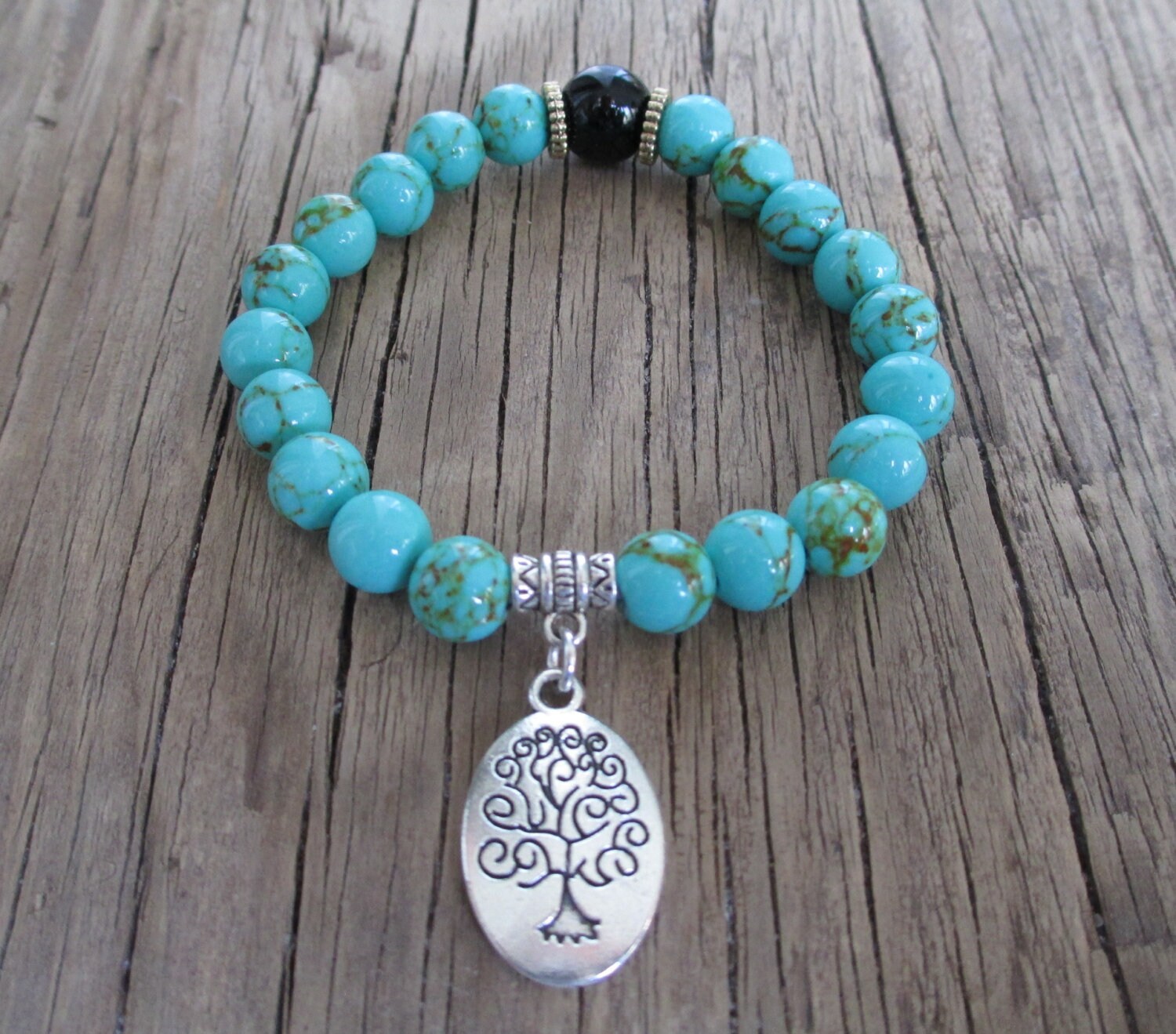 Harmony Bracelet,Turquoise,Blue and Black Stones 8mm Beads,Elastic Bracelet,Gemstone Bracelet,Lucky Bracelet,Man,Woman,Beaded Jewelry,Gift
