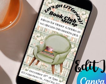 Book Club Digital Invitation, EDITABLE Canva Template (1080 x 1920 px)