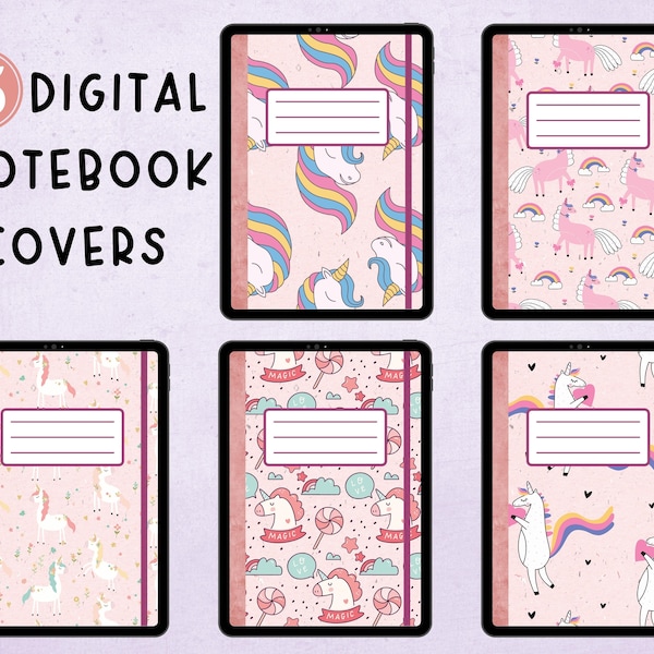 5 Unicorn Digital Notebook Covers, Portrait Digital Planner Covers, Digital Notebook Cover for Goodnotes and Notability