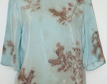 Up-cycled Handmade Eco Printed Light Blue Pink and Brown Women Silk Top  Blouse Size (S) (M)