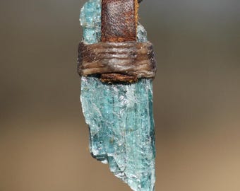 Ocean Kyanite unpolished crystal pendant wrapped in natural materials, earthy rare gemstone necklace