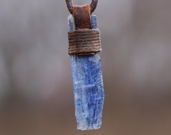 Large Blue Kyanite High Quality Translucent Raw Crystal Pendant, Blue Kyanite Crystal Necklace Kyanite Jewelry Leather Hemp Wrapped Gemstone