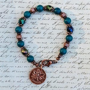 Penny Bracelet Stabilized Turquoise, Czech Beads and Copper, Add a Penny & Choose your Year, Personal Gift, 30th, 40th, 50th , 60th, 70th