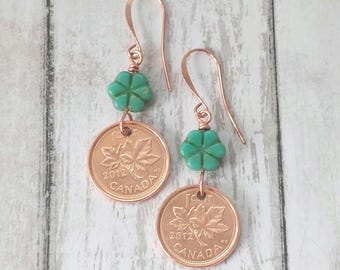 Boucles d'oreilles penny canadiennes 2012, breloque fleur turquoise, souvenir du Canada