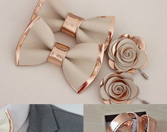 Rose Gold Ivory white leather bow tie for men, rose gold wedding bow tie, wedding rose boutonniere, copper boys prom bowtie, suspenders set