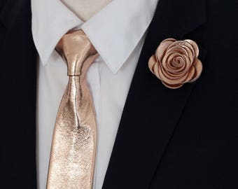 rose gold slim wedding necktie set, Rose Gold leather neck tie boutonniere set, copper groomsmen tie rose flower pin gift slim tie boys prom