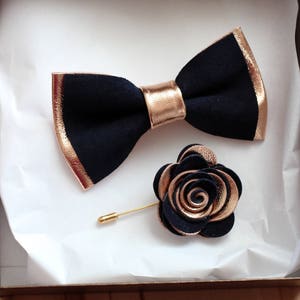 Rose Gold Navy Blue Leather Bow Tie for Men, Rose Gold Wedding Bow Tie ...
