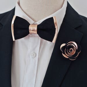 Rose Gold Navy Blue Leather Bow Tie for Men, Rose Gold Wedding Bow Tie ...