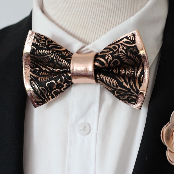 Pajarita negra, pajarita cobre para hombres, bronce, oro rosa, pin de flor de solapa, pajarita de cuero, traje de graduación, niños, boda
