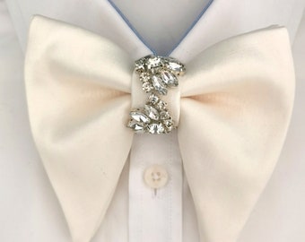 Ivoy cream satin bow tie for men,boys oversized wedding bow tie, white satin  wedding crystals bow tie, genuine butterfly style bowtie,