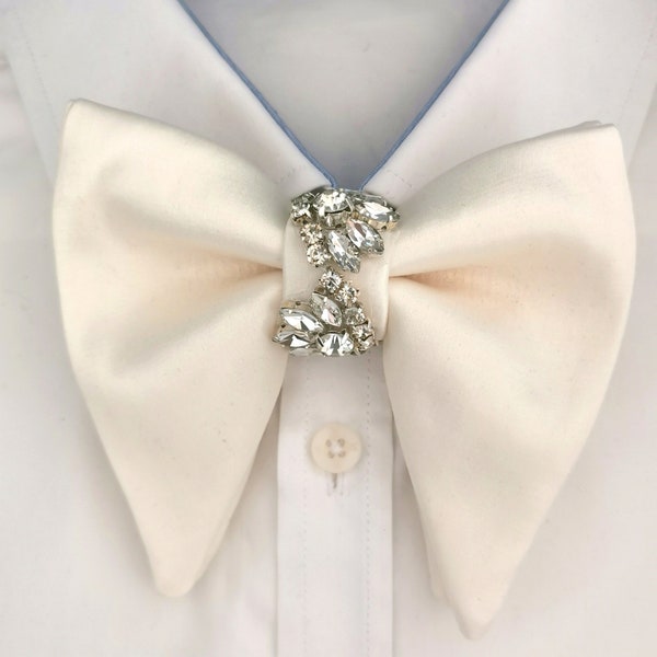 Ivoy cream satin bow tie for men,boys oversized wedding bow tie, white satin  wedding crystals bow tie, genuine butterfly style bowtie,
