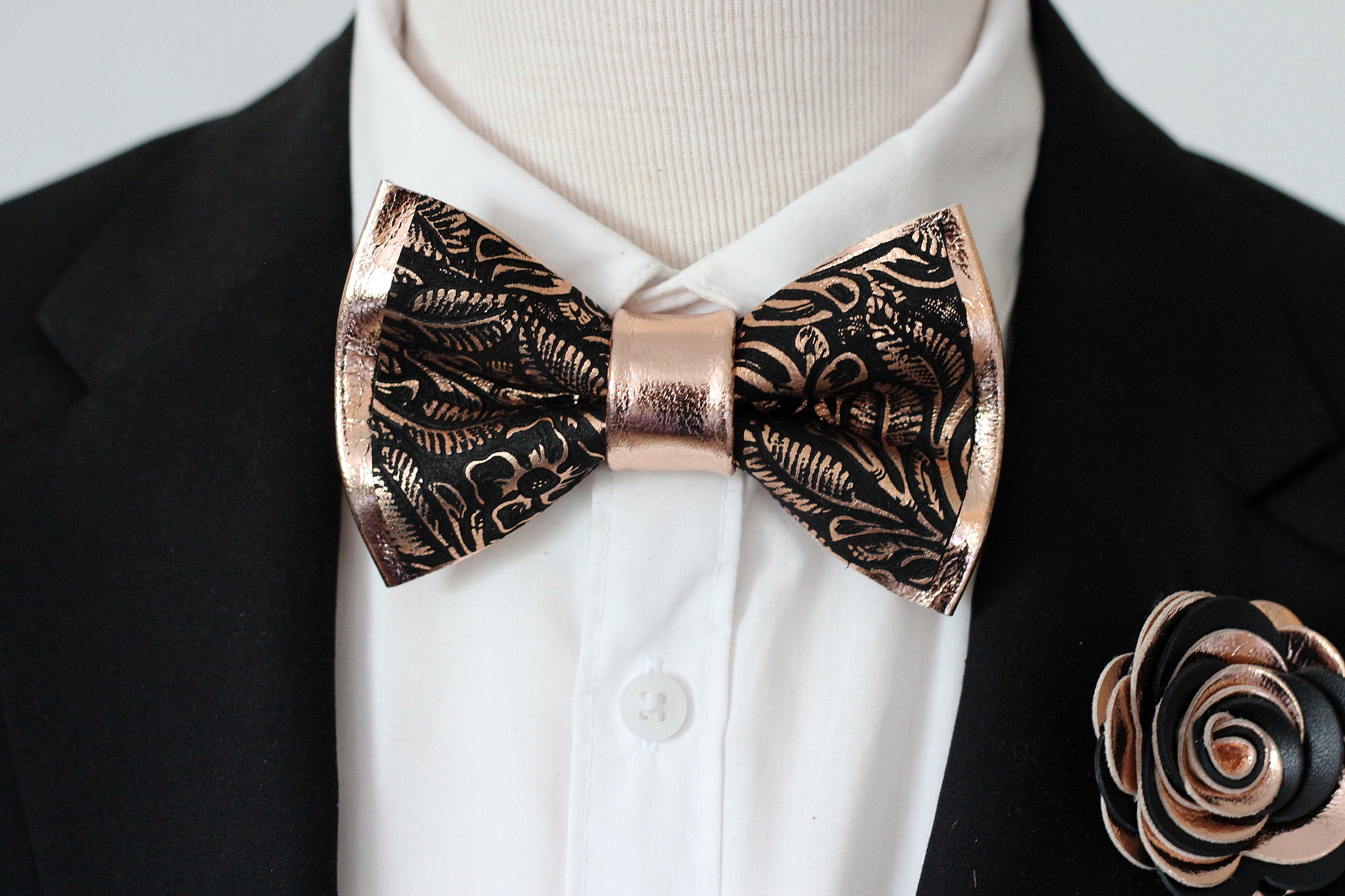 Rose Gold and Black Bow Tie Floral Pocket Square Set for Men - Etsy