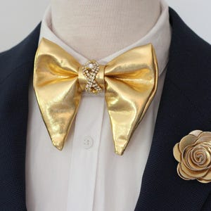 Big Gold metallic bow tie, rhinestone, crystals wedding bowtie gold boutonnere, large gold bowtie wedding set boys suit prom, gold lapel pin