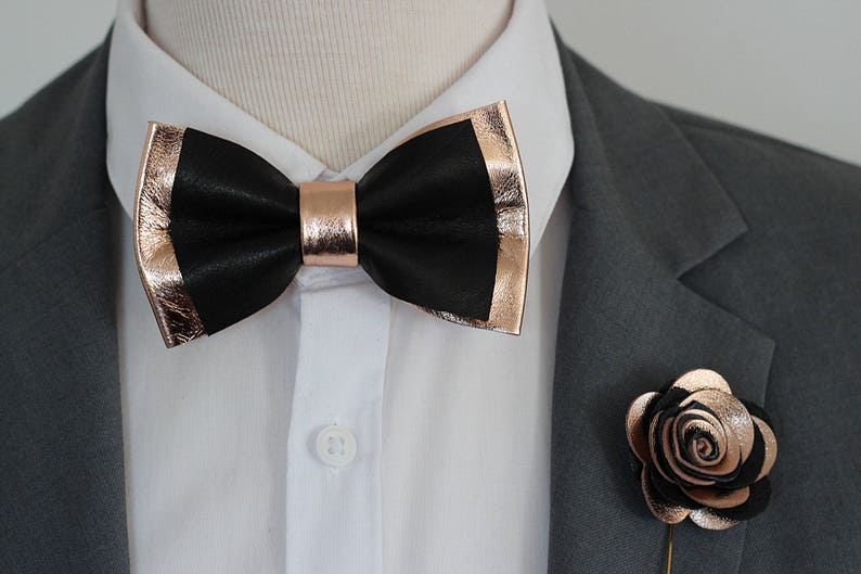 Rose Gold and black leather bow tie for men,boys rose gold, wedding bow tie,copper wedding boutonnere, genuine gold leahther toddler bow tie image 2