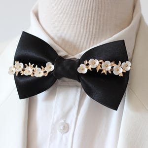 Gold and black satin romantic flower bow tie, fromal tuxedo black bowtie for men, boys gold wedding genuine gold and black satin bowtie