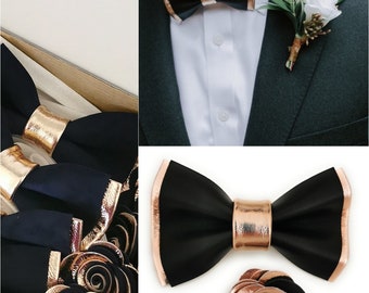 Men's Rose Gold and black bow tie pocket square set for men, boys rose gold wedding, black copper wedding boutonnere gold, boys prom suit