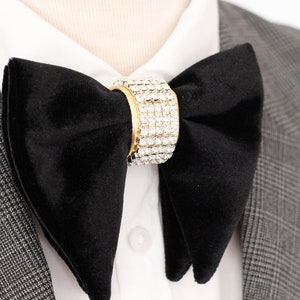 Black velvet wedding bow tie,big oversized bowtie, GOLD crystals bow tie, butterfly bow tie, black velvet large formal tuxedo bow tie