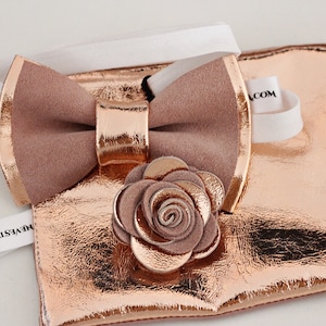 Handmade Rose Gold bowtie, mens dusty pink bow tie, boys prom suit bowtie, groom wedding suspender set, copper boutonniere groomsmen gift