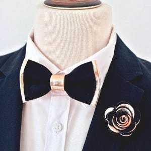 Rose Gold navy blue suede leather bow tie for men, rose gold wedding bow tie, midnight navy blue boutonniere, toddler, boys elegant set