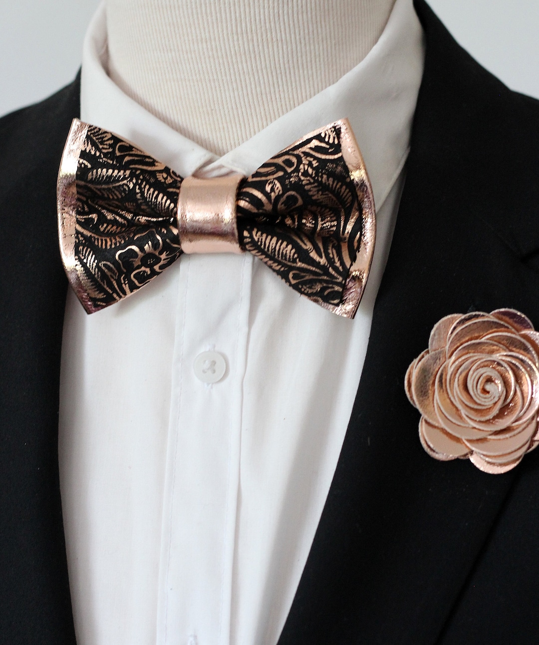Rose Gold and Black Bow Tie Floral Pocket Square Set for Men, Boys Rose ...