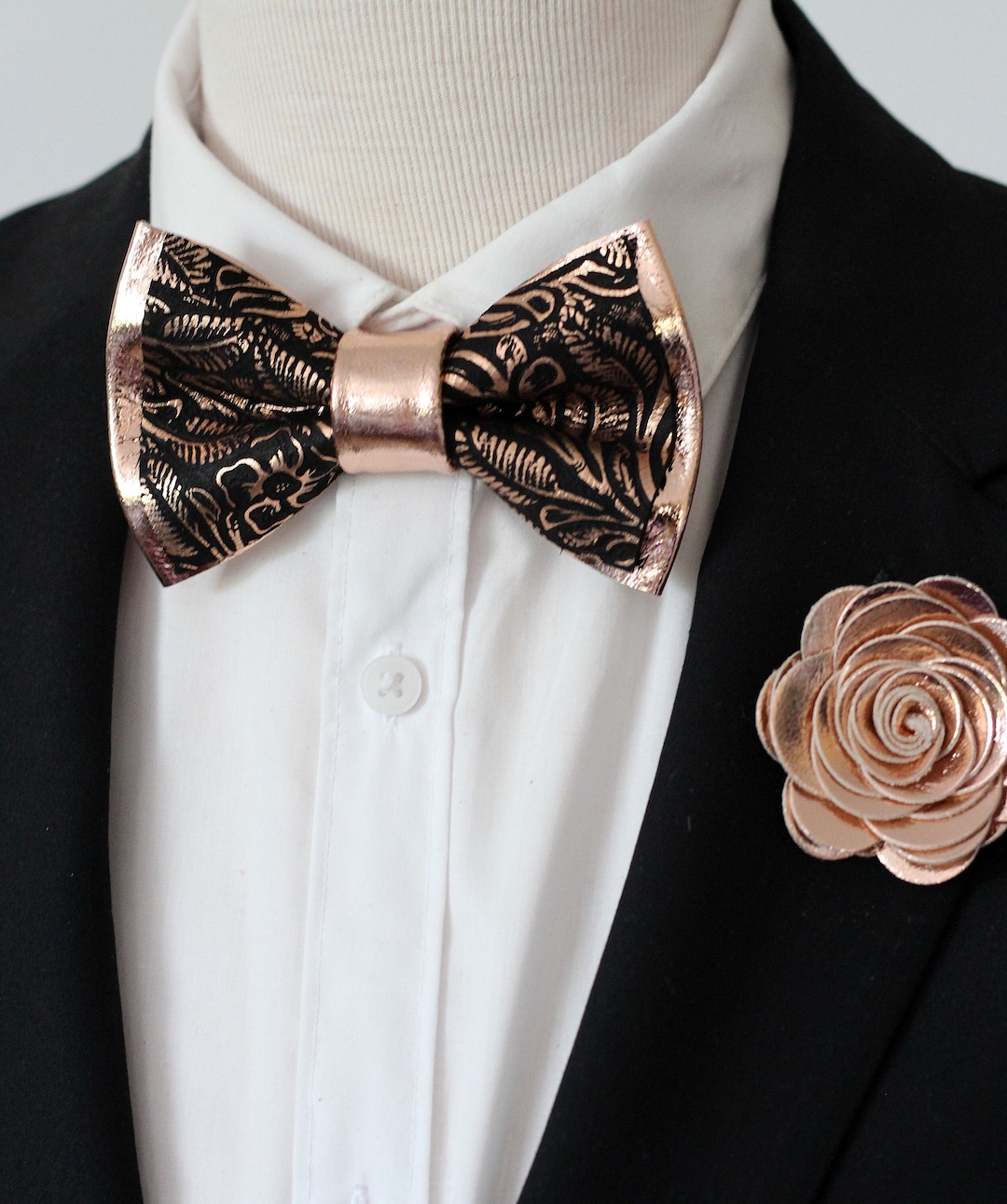 Rose Gold and Black Bow Tie Floral Pocket Square Set for Men