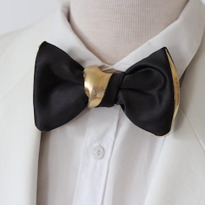 Formal elegant Gold and black leather bow tie pocket square set for men,boys gold wedding genuine gold and black satin leather bowtie