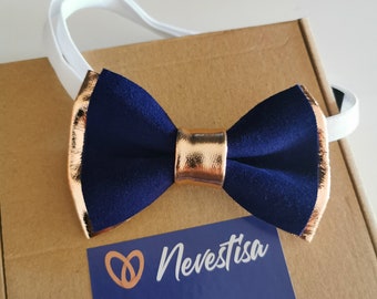 Rose Gold and royal blue genuine leather bow tie men, boys rose gold, copper wedding bow tie gift set, boutonniere, toddler bowtie boys prom