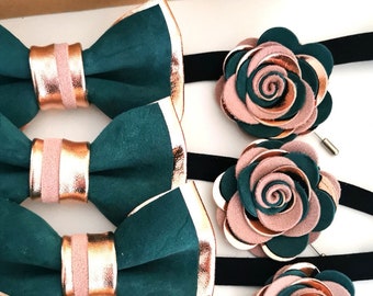 Rose Gold emerald green men's bow tie gift rose gold wedding bow tie boutonniere lapel flower pin groomsmen hunters green prom boys suit set