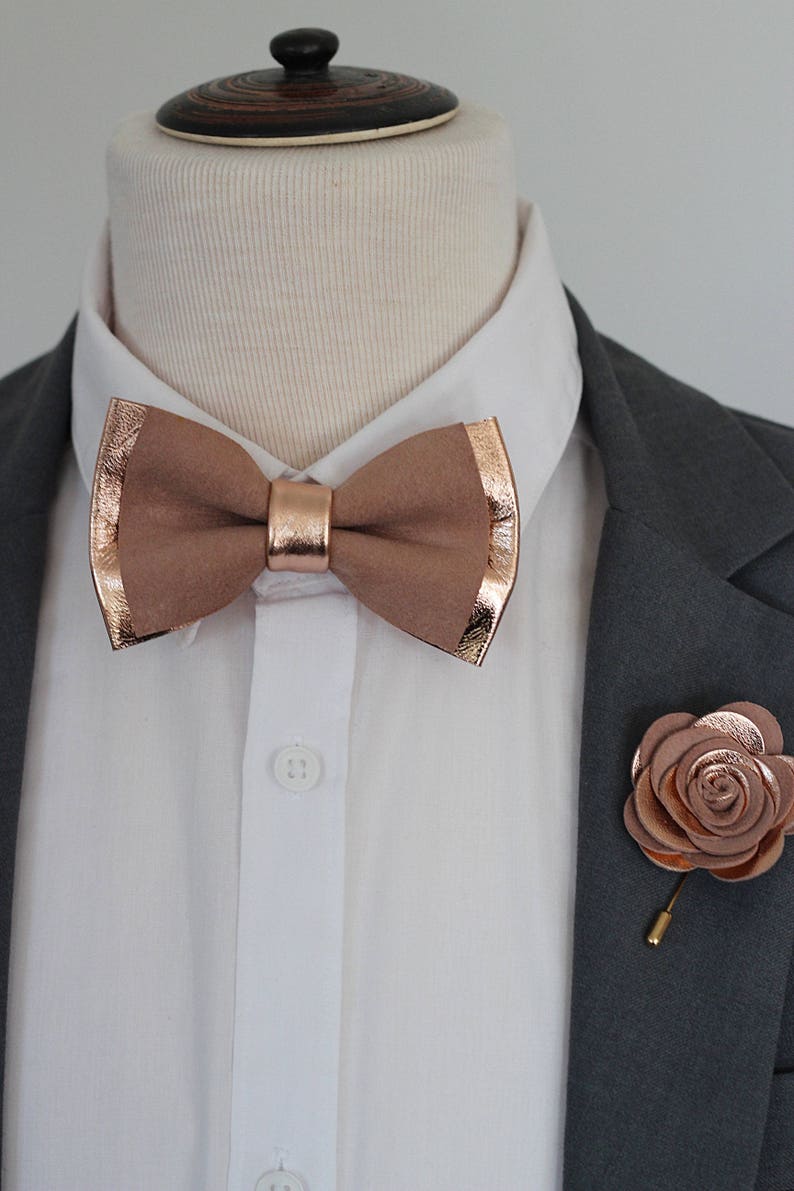 genuine gold leahther toddler bowtie,blush pink peach Rose Gold nude leather bow tie for men,boys rose gold wedding bow tie boutonnere