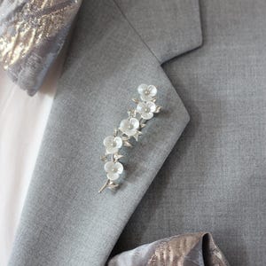Wedding lapel flower white silver brooch shiny mens groomsmen lapel pin, brooch groomsmen gift set, silver flower branch, boutonniere