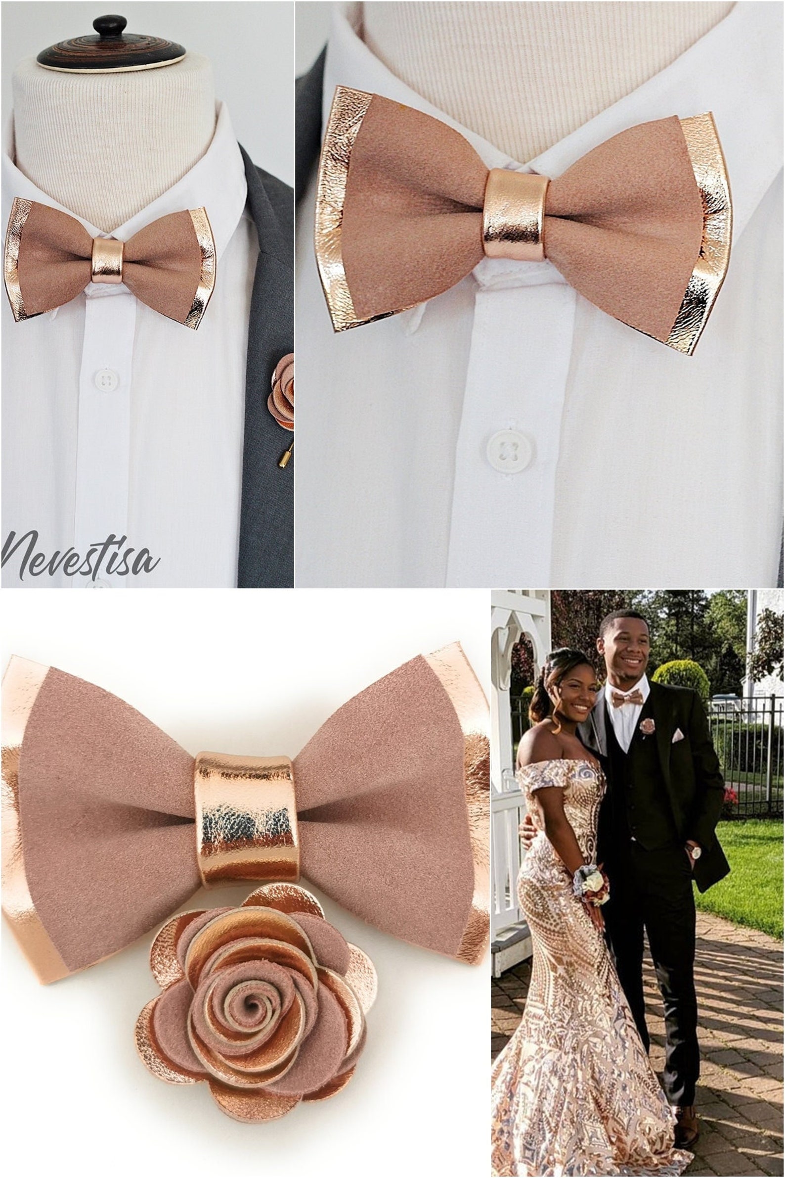 mens rose gold vest and bow tie