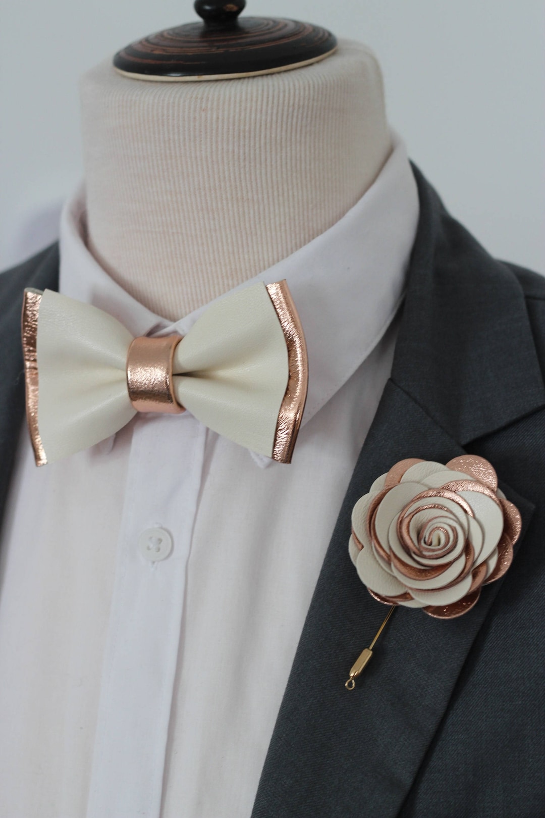 Rose Gold Ivoy Leather Bow Tie for Men,boys Rose Gold Wedding Bow Tie ...