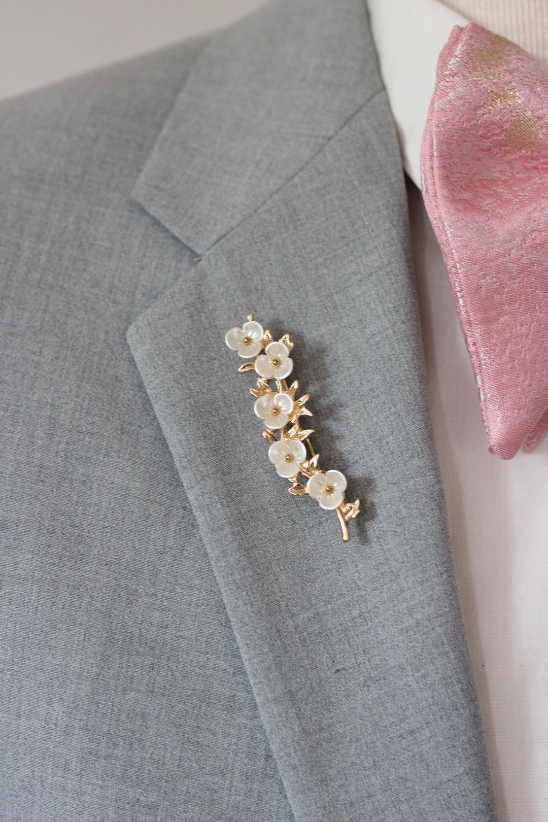 Formal Mens Lapel Flower Pin, Floral Gold Branch Brooch, Pink Wedding ...