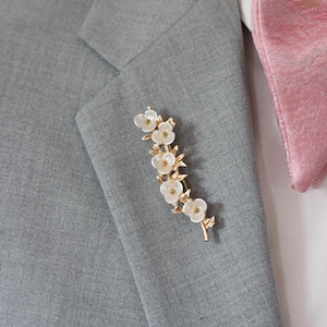 Formal mens lapel flower pin, floral gold branch brooch, pink wedding boutonniere brooch boys bowtie prom suit, groomsmen gift