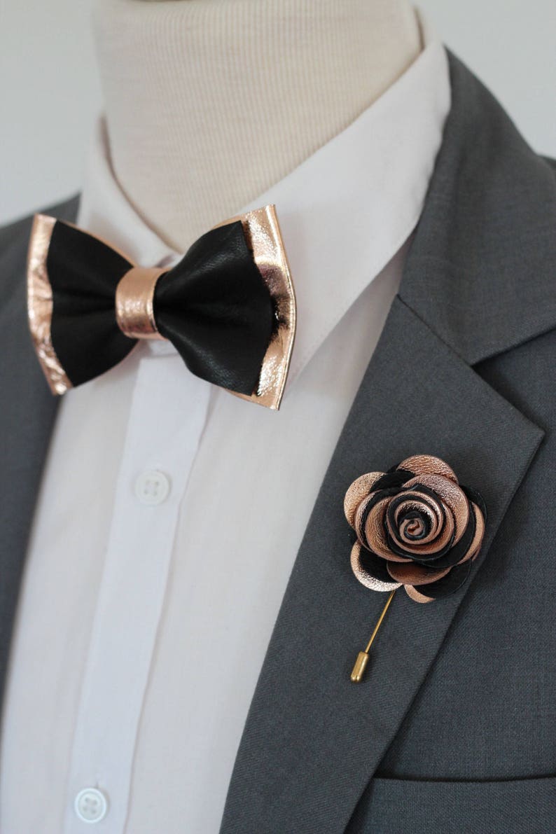 Rose Gold and black leather bow tie for men,boys rose gold, wedding bow tie,copper wedding boutonnere, genuine gold leahther toddler bow tie bow tie&flower